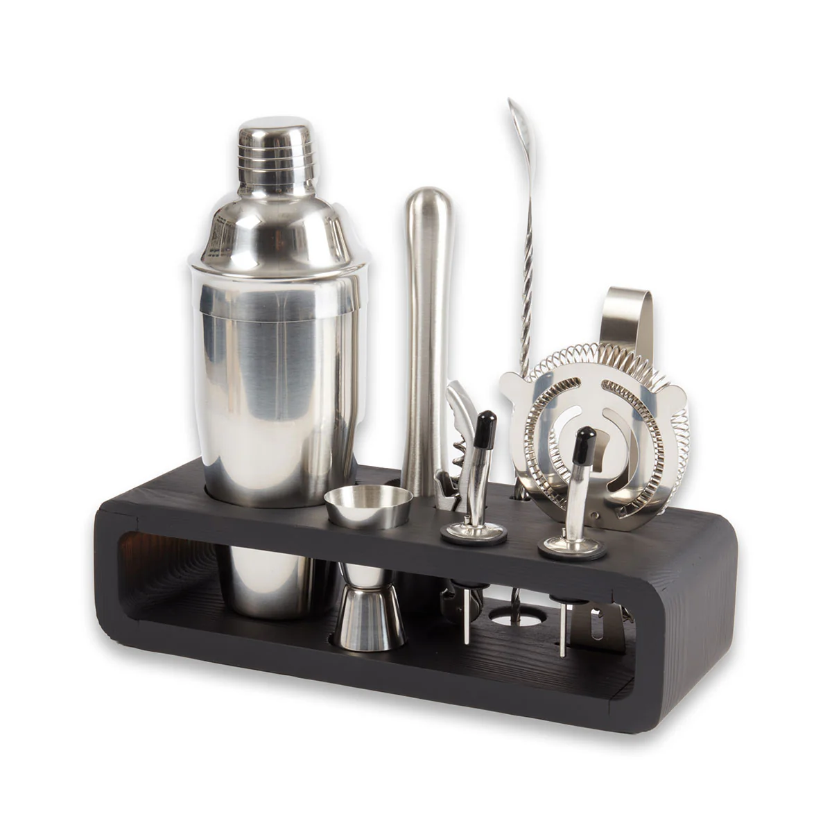 9 Piece Bar Set with Cocktail Shaker Set and Black Wood Base - Image 3