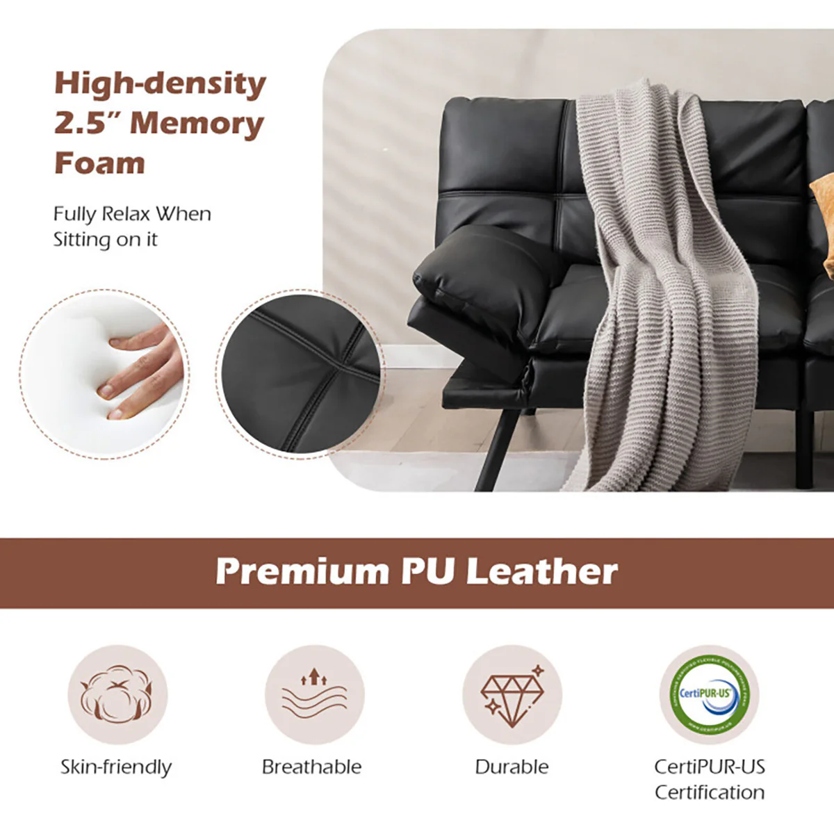 Convertible Memory Foam Futon Sofa Bed - Image 7