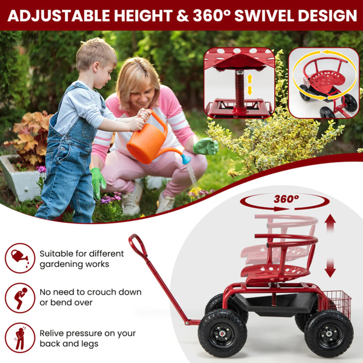 Cushioned Rolling Garden Cart with Swivel Seat - Image 4