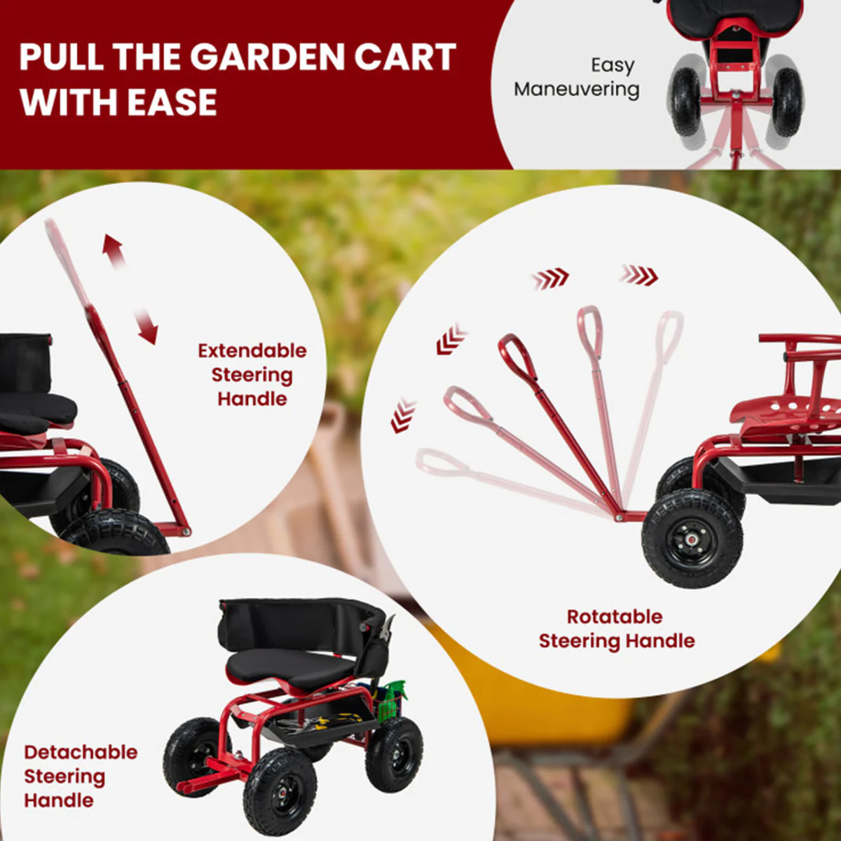 Cushioned Rolling Garden Cart with Swivel Seat - Image 5