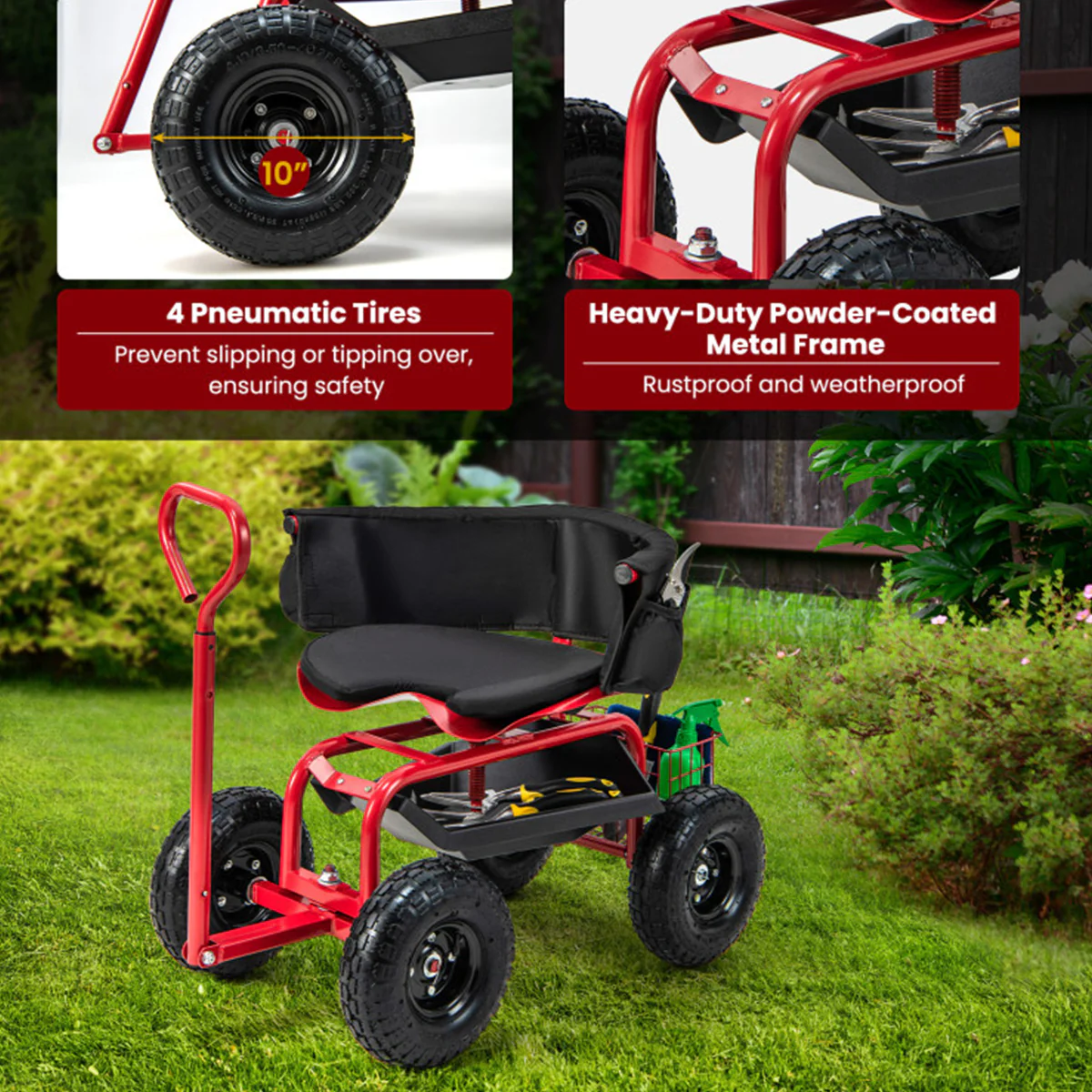 Cushioned Rolling Garden Cart with Swivel Seat - Image 6