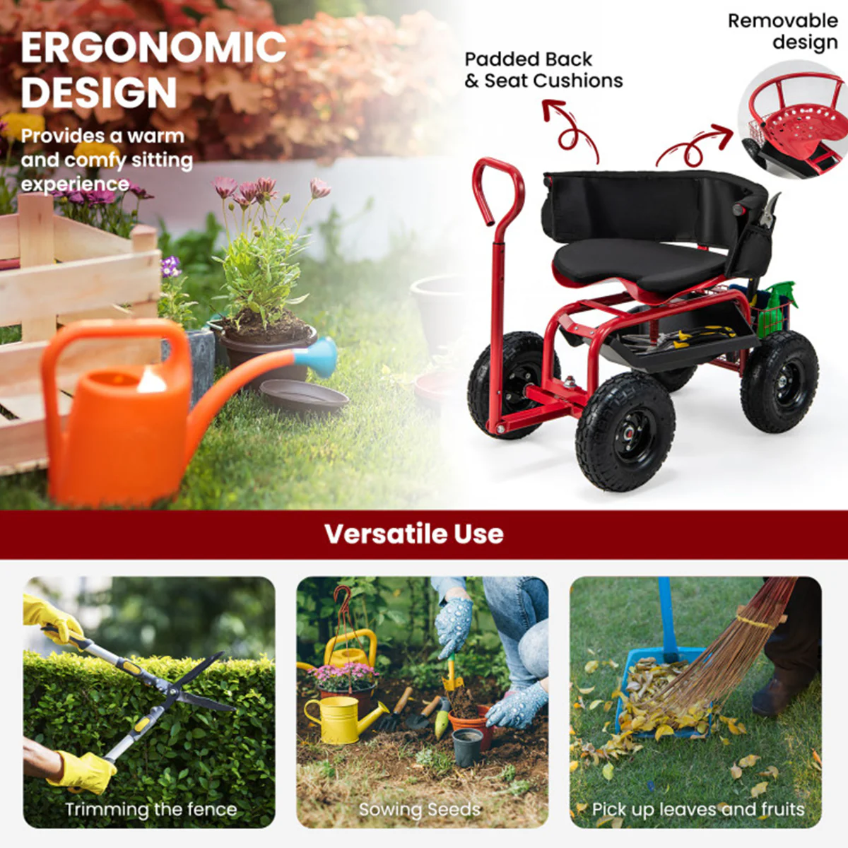 Cushioned Rolling Garden Cart with Swivel Seat - Image 7
