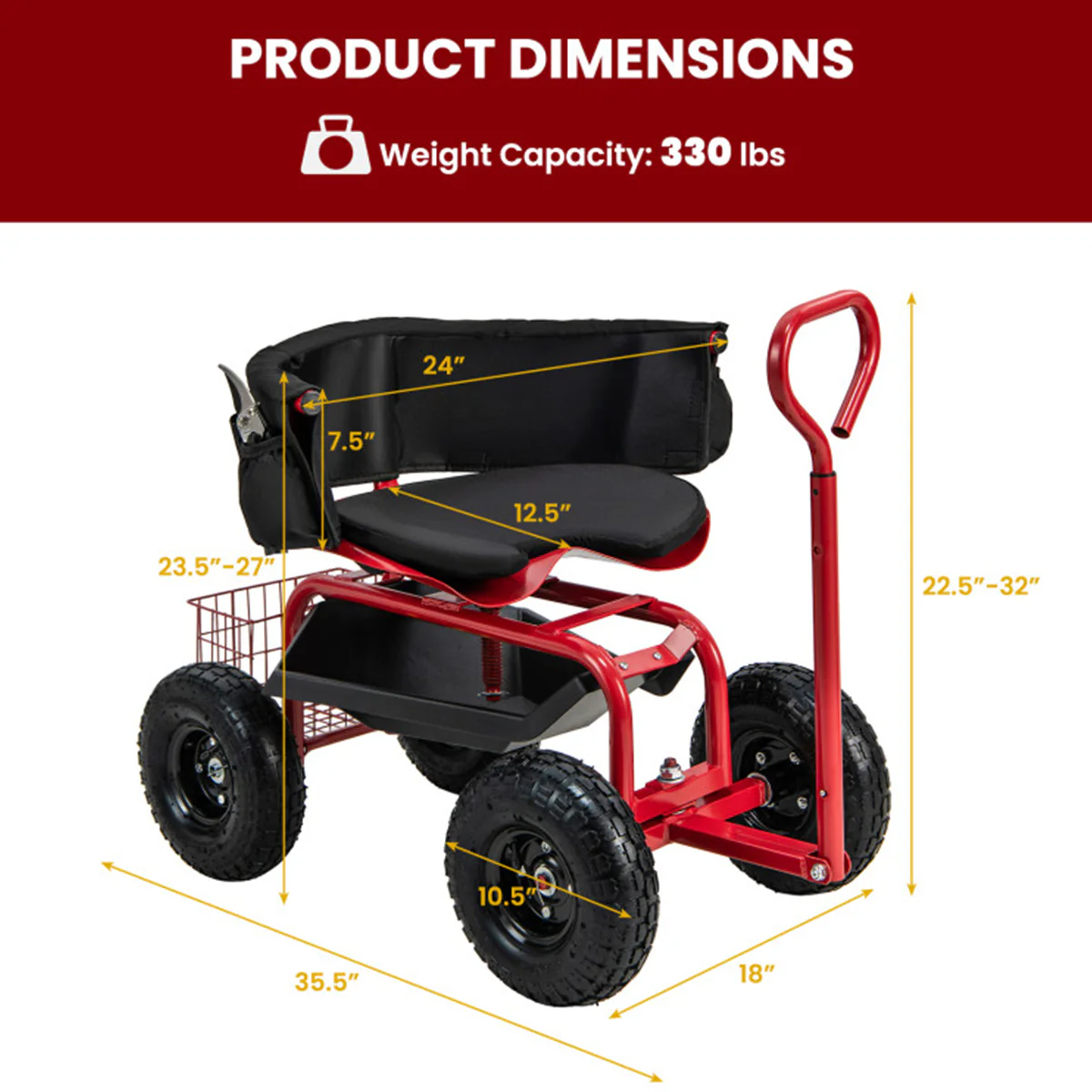 Cushioned Rolling Garden Cart with Swivel Seat - Image 8
