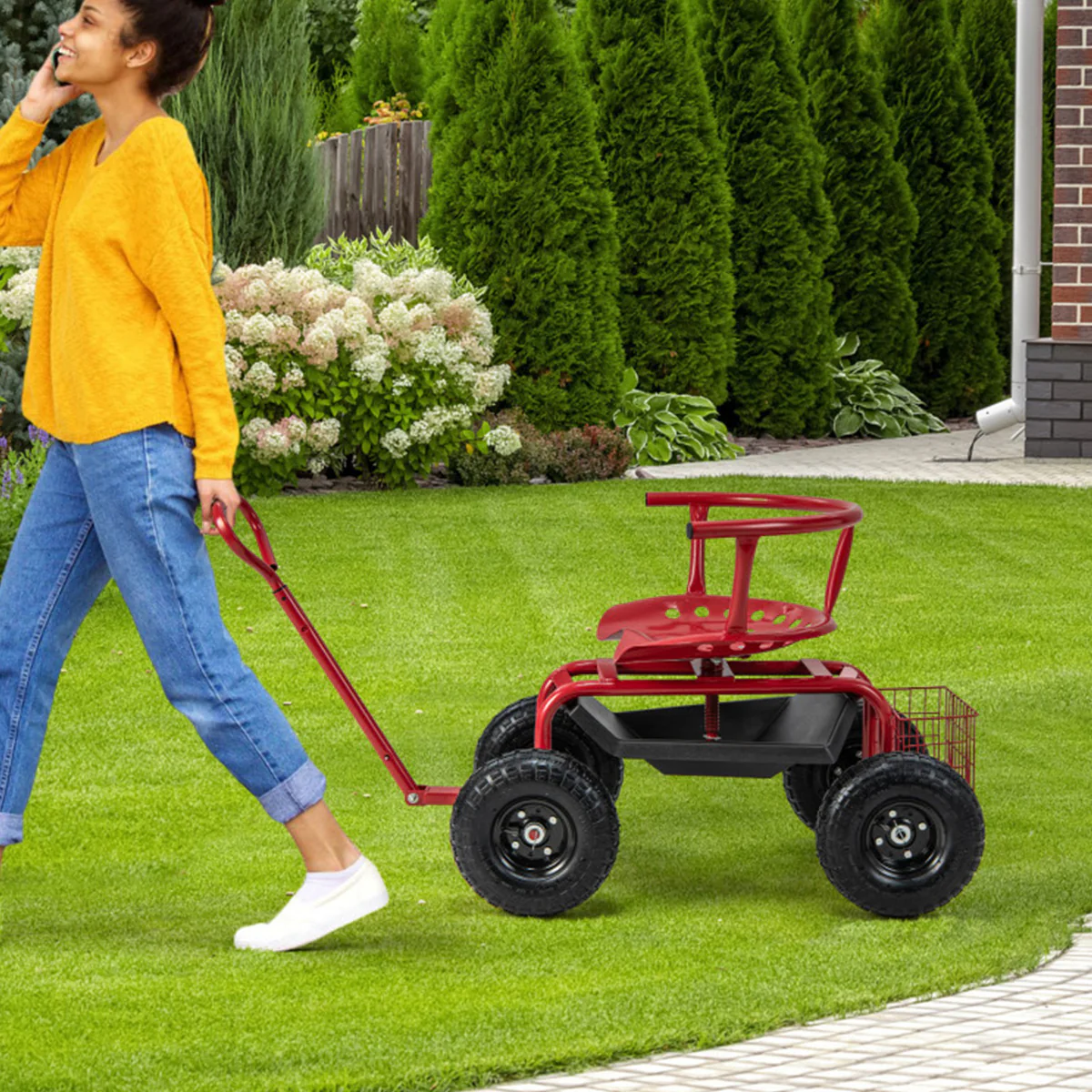 Cushioned Rolling Garden Cart with Swivel Seat - Image 9