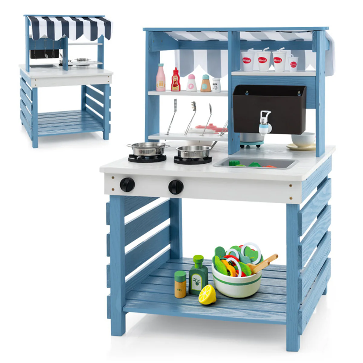 Double-Sided Wooden Play Kitchen and Grocery Stand - Image 2