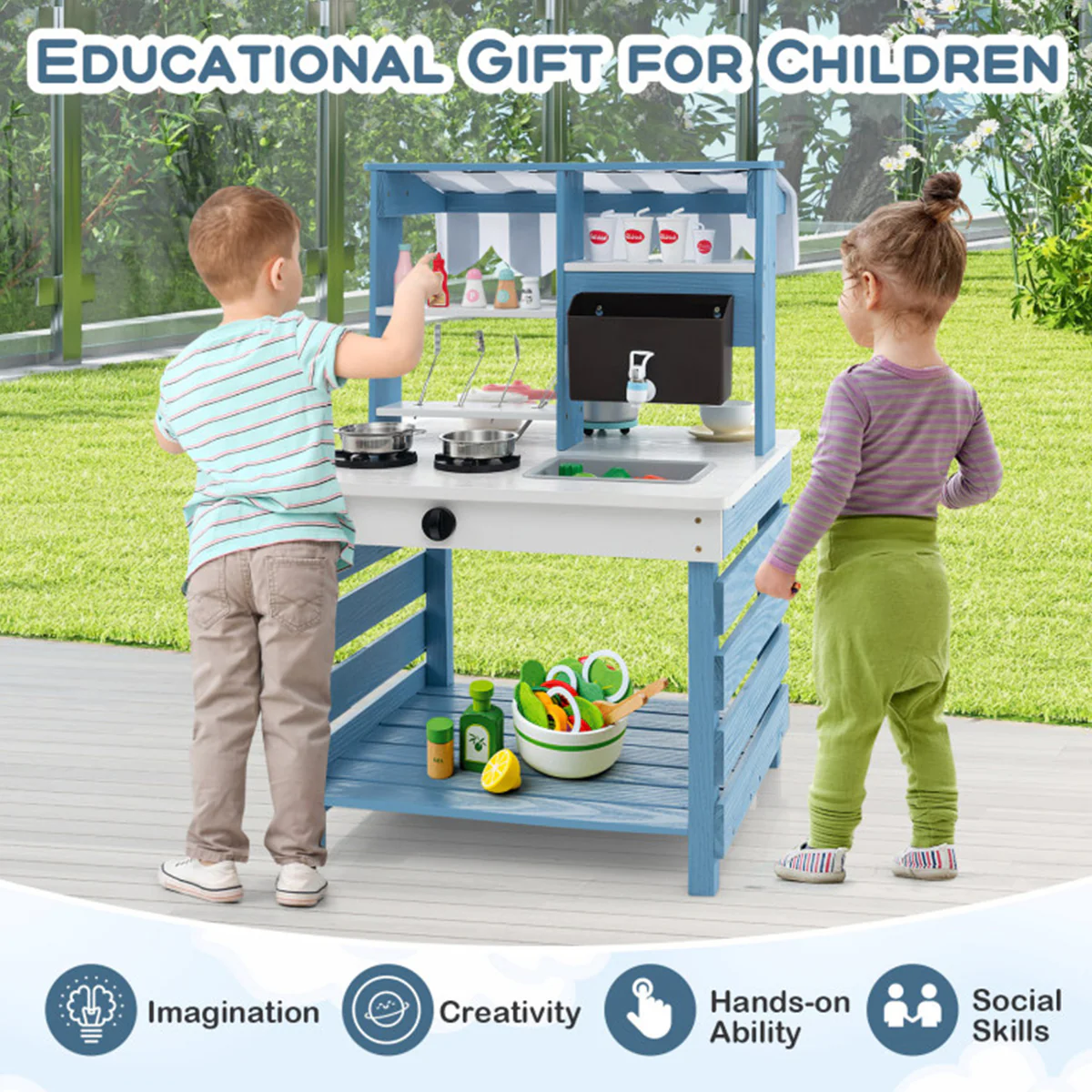 Double-Sided Wooden Play Kitchen and Grocery Stand - Image 7