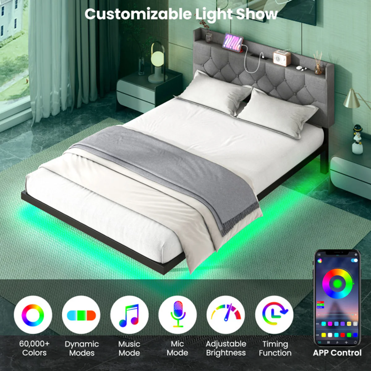 Floating LED Bed Frame with Charging Station - Image 5