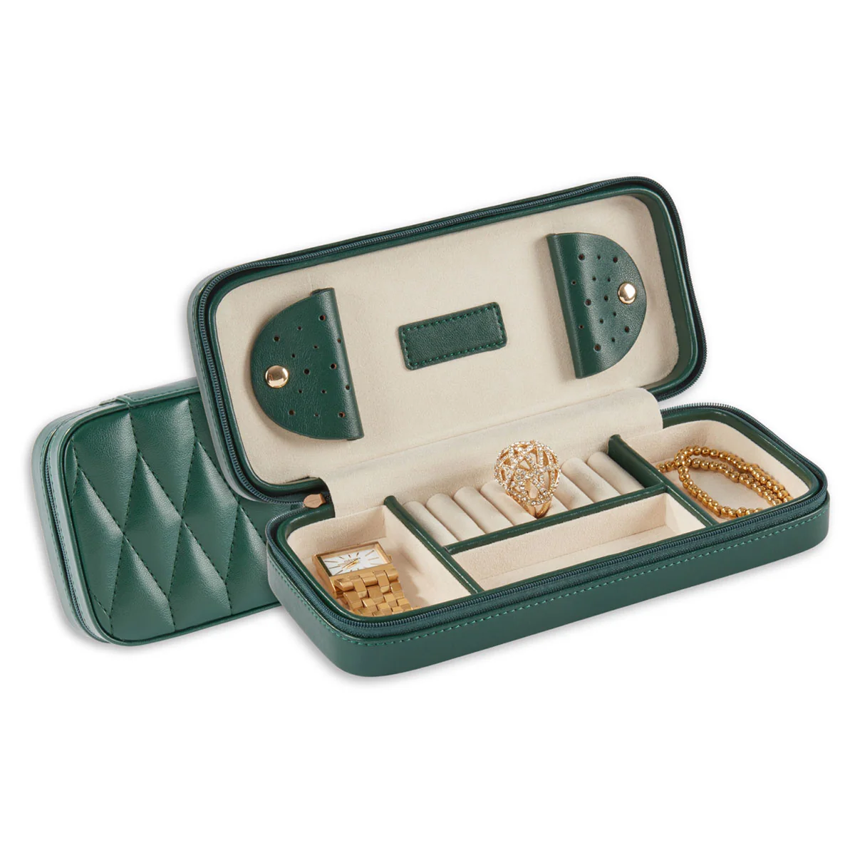 Green Leather Diamond Quilt Design Travel Jewelry Case - Image 4