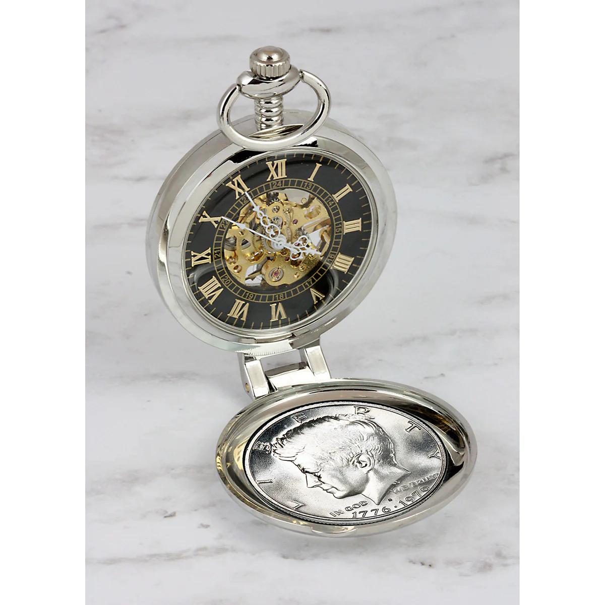 JFK Bicentennial Half Dollar Pocket Watch with Skeleton Movement - Image 3