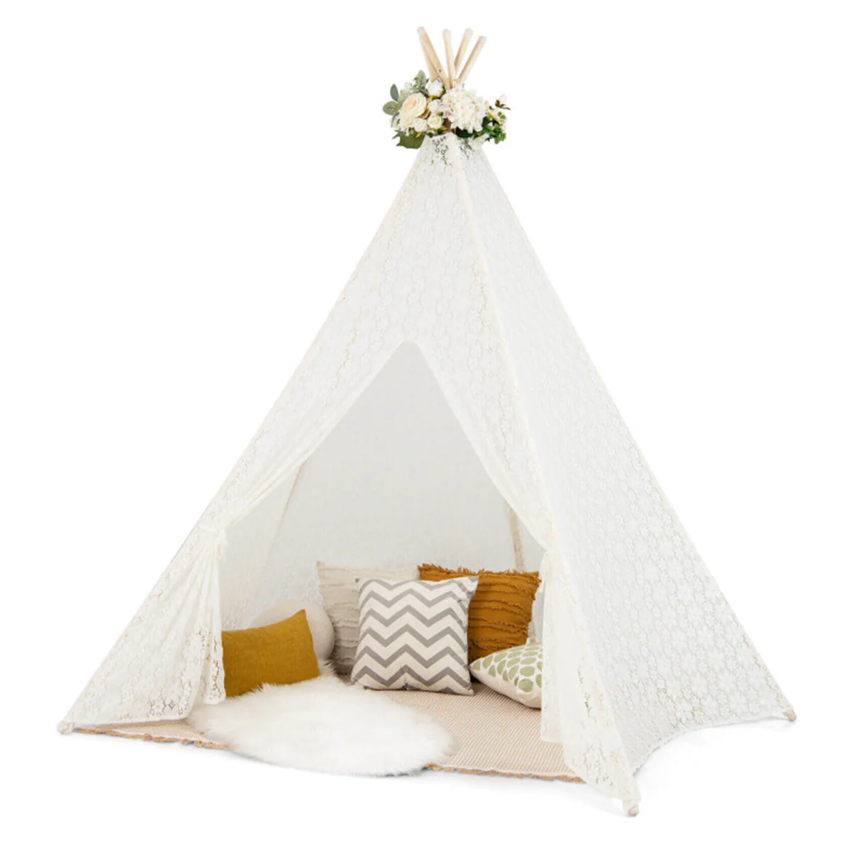 Kids Lace Teepee Play Tent with Colorful String Lights - Image 2