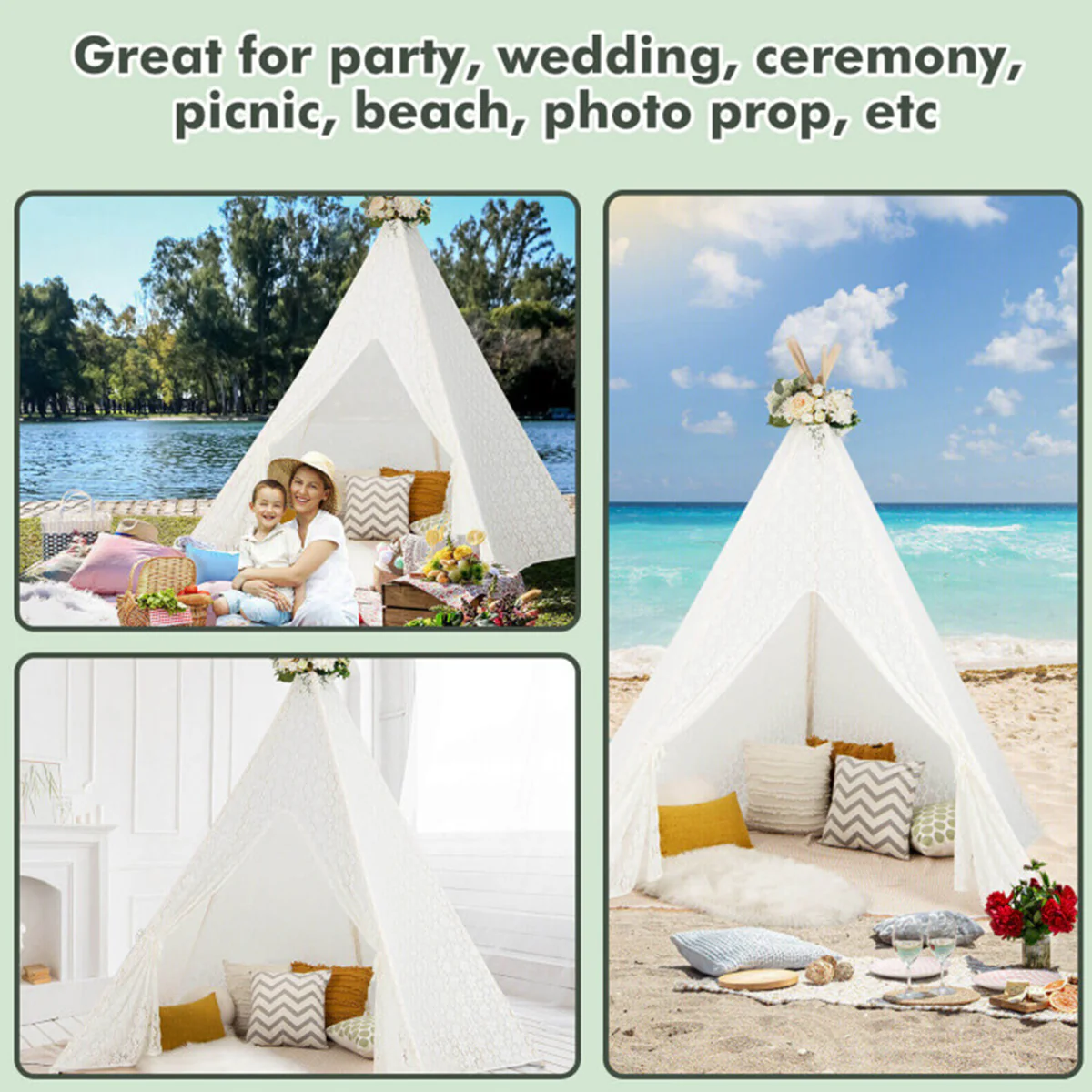 Kids Lace Teepee Play Tent with Colorful String Lights - Image 3