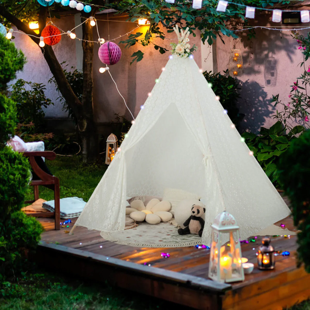 Kids Lace Teepee Play Tent with Colorful String Lights - Image 8