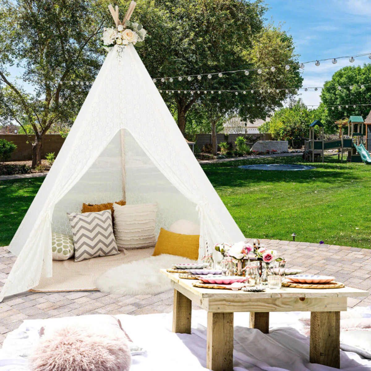 Kids Lace Teepee Play Tent with Colorful String Lights - Image 9