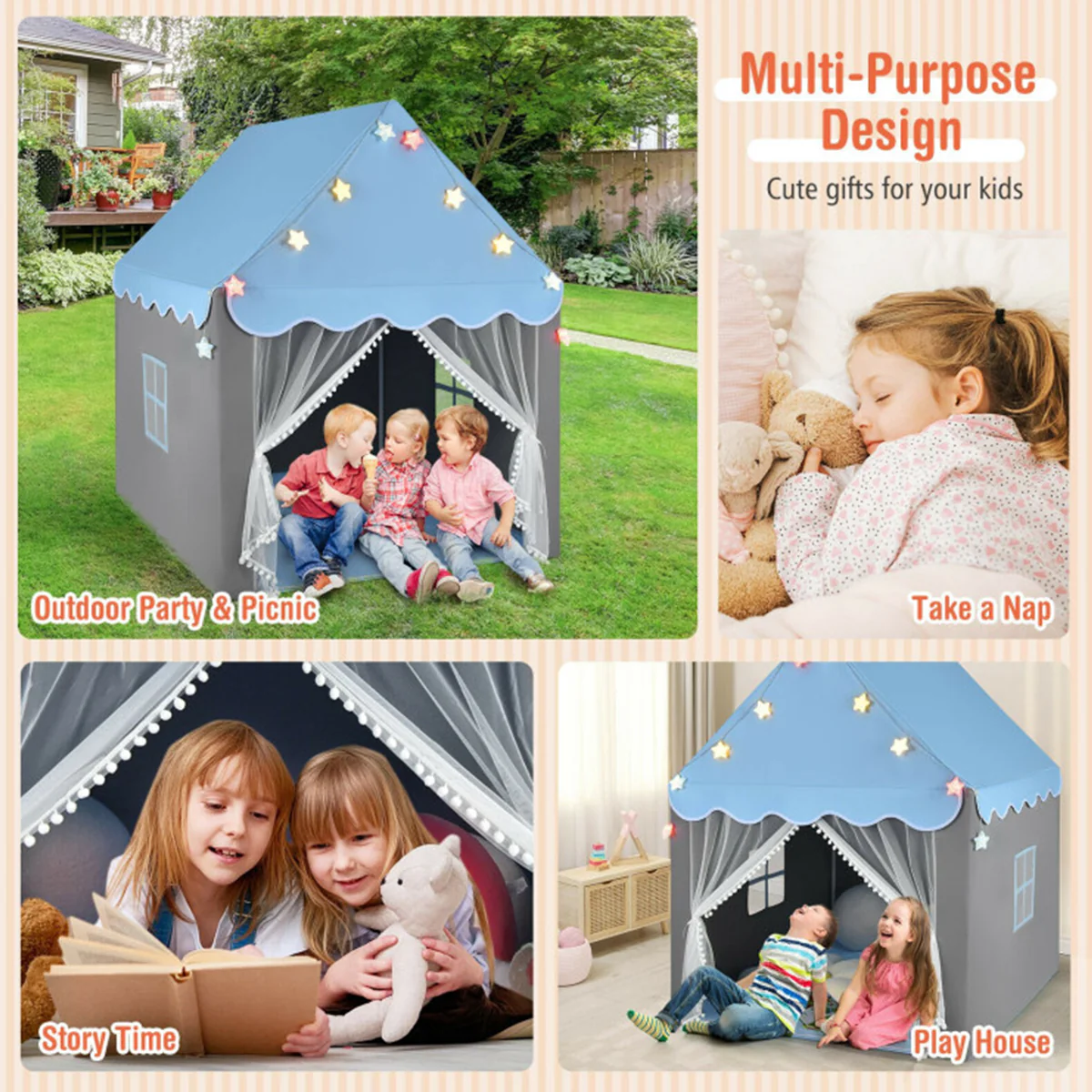 Kids Playhouse Tent with Star String Lights - Image 3