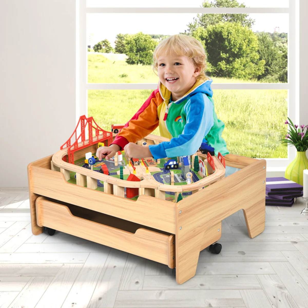 Kids Wooden 100-Piece Railway Set Table - Image 10