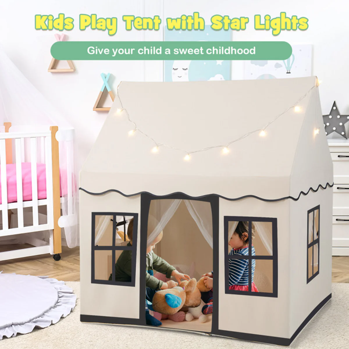 Large Kids Play Tent with Star String Lights - Image 3