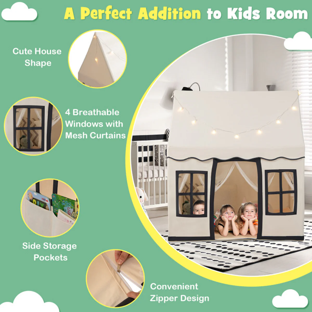 Large Kids Play Tent with Star String Lights - Image 9