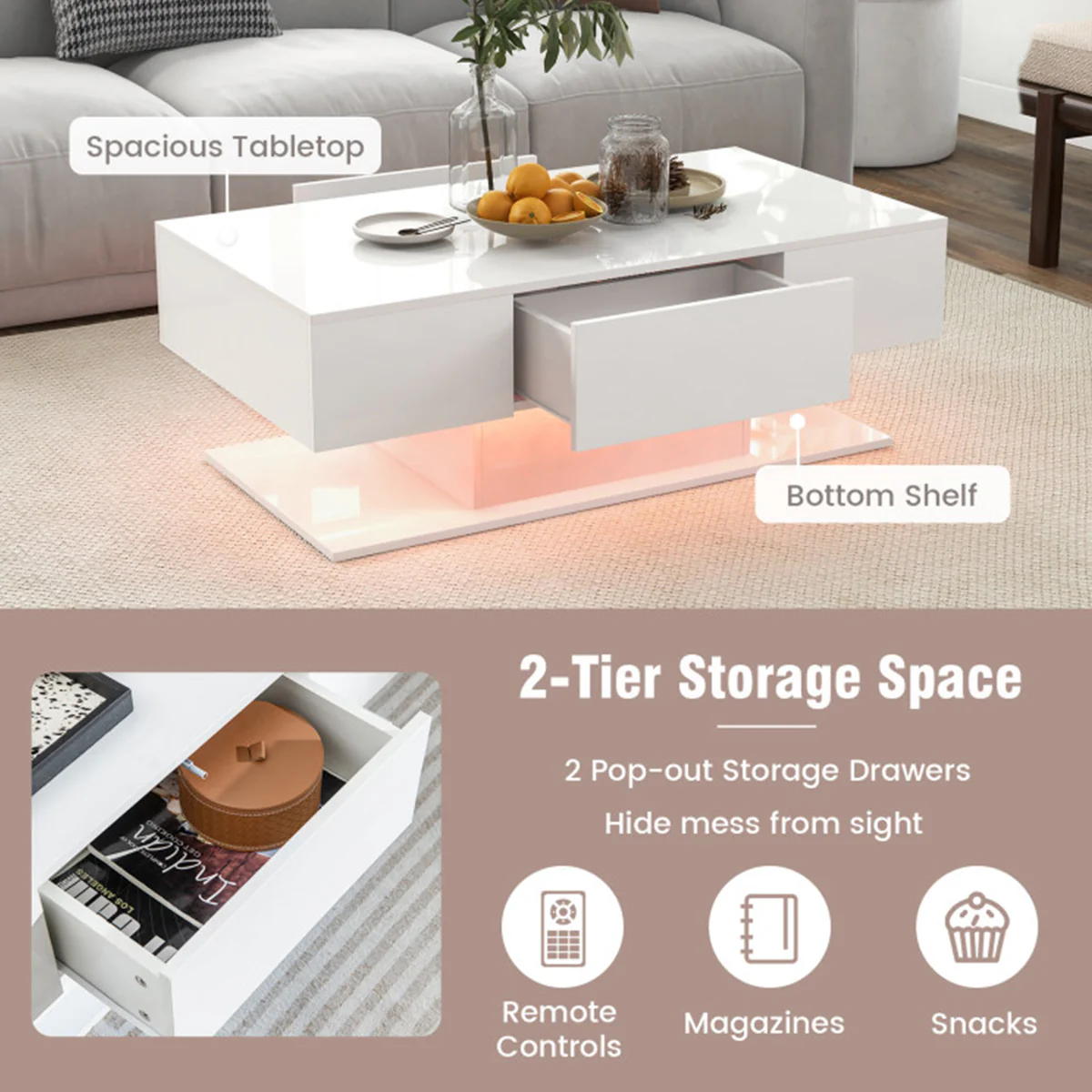 LED Coffee Table with Storage Drawers - Image 6
