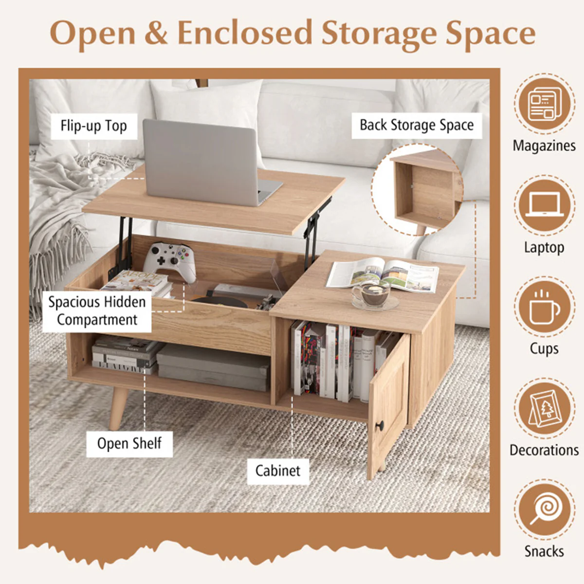 Lift Top Coffee Table with Hidden Storage Compartment - Image 4