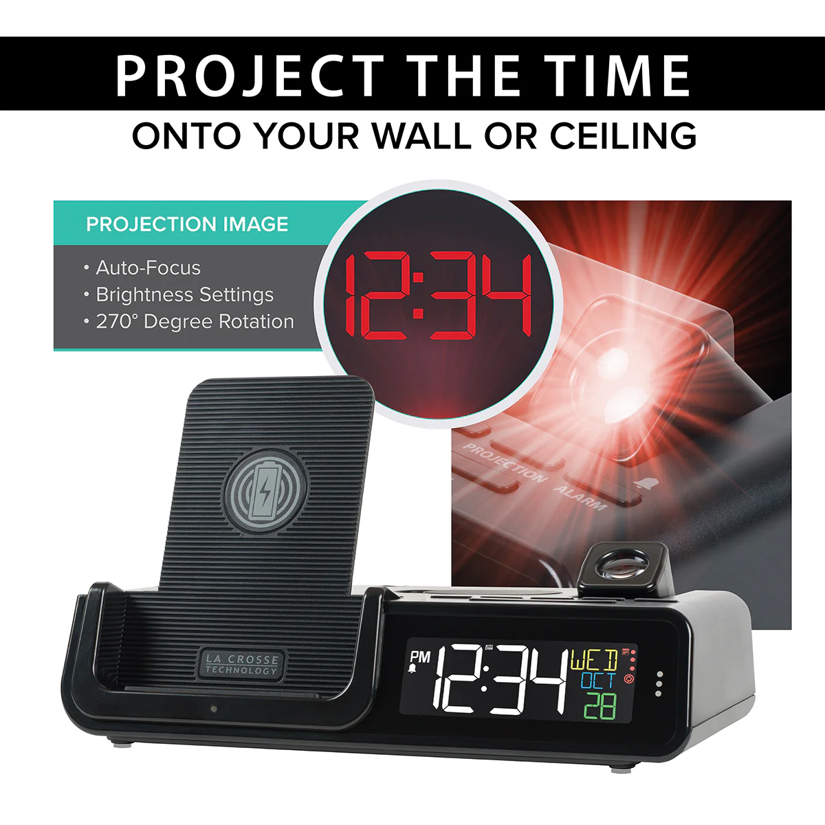 Projection Alarm Clock with Wireless Charging Station - Image 3
