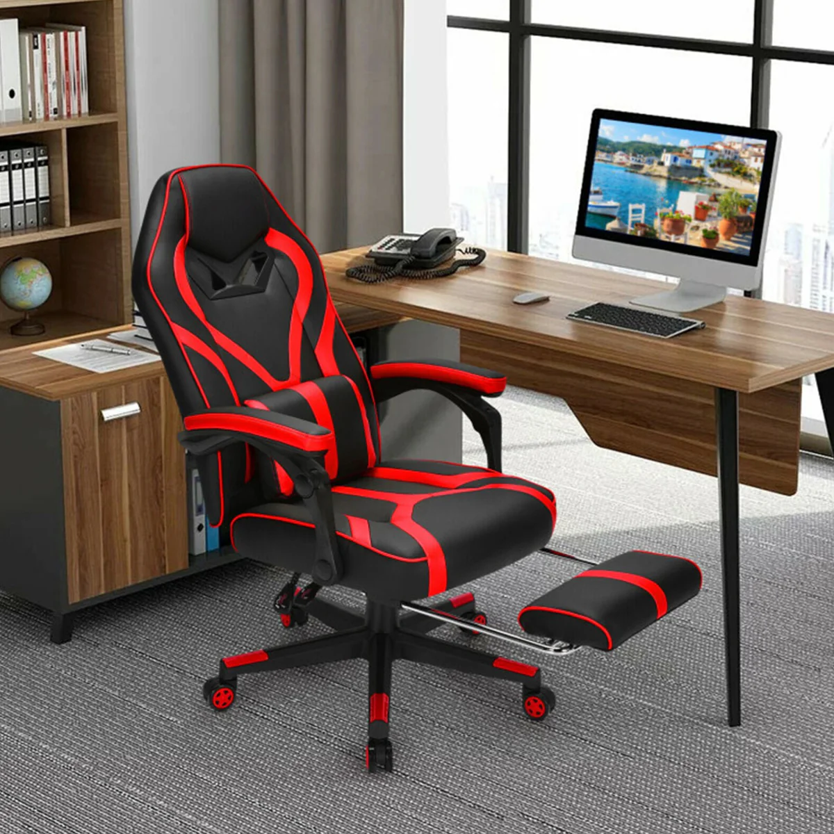 Racing Style Gaming Chair with Massaging Lumbar Support