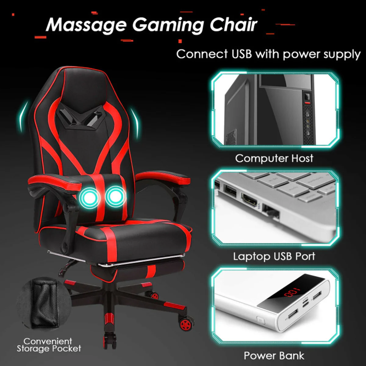 Racing Style Gaming Chair with Massaging Lumbar Support - Image 5