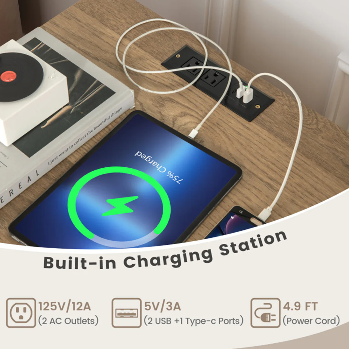Record Player Storage Stand with Charging Station - Image 4