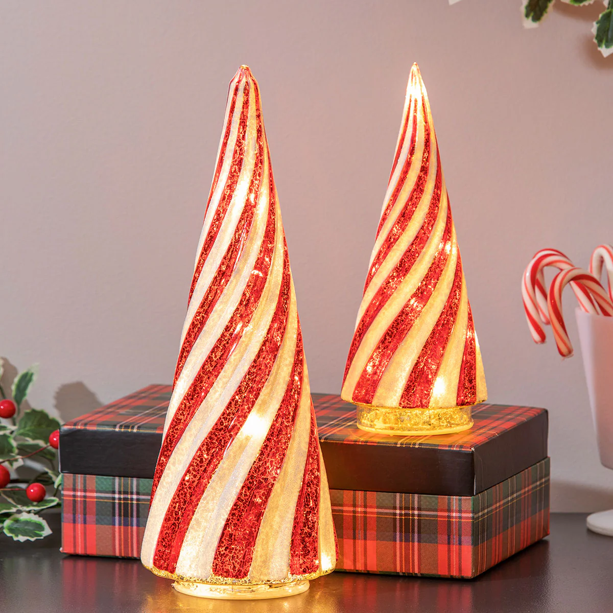 Red & White Lighted Christmas Trees (Set of 2)