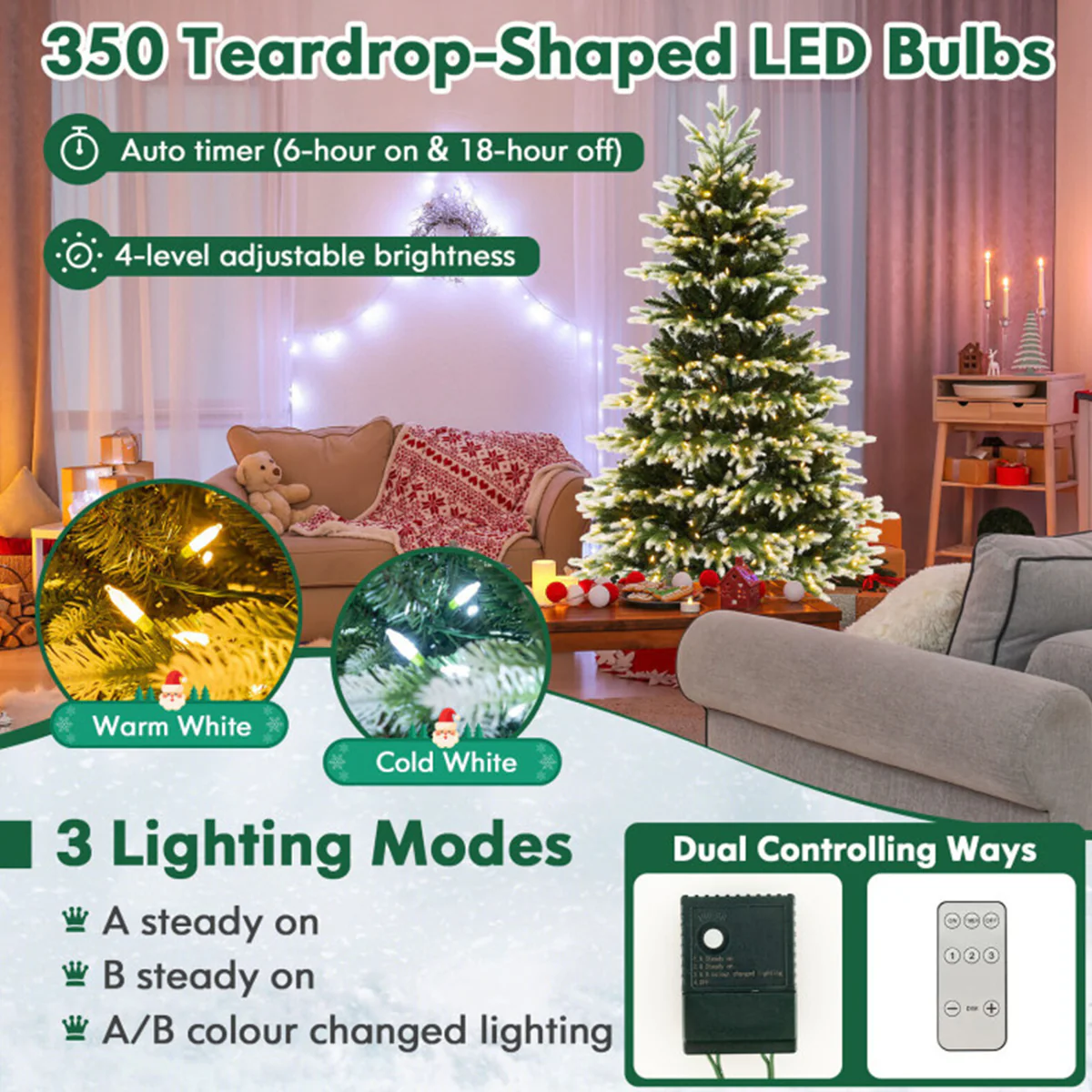 Snowy Tipped Pre-Lit Hinged Christmas Tree with Remote Control - Image 7