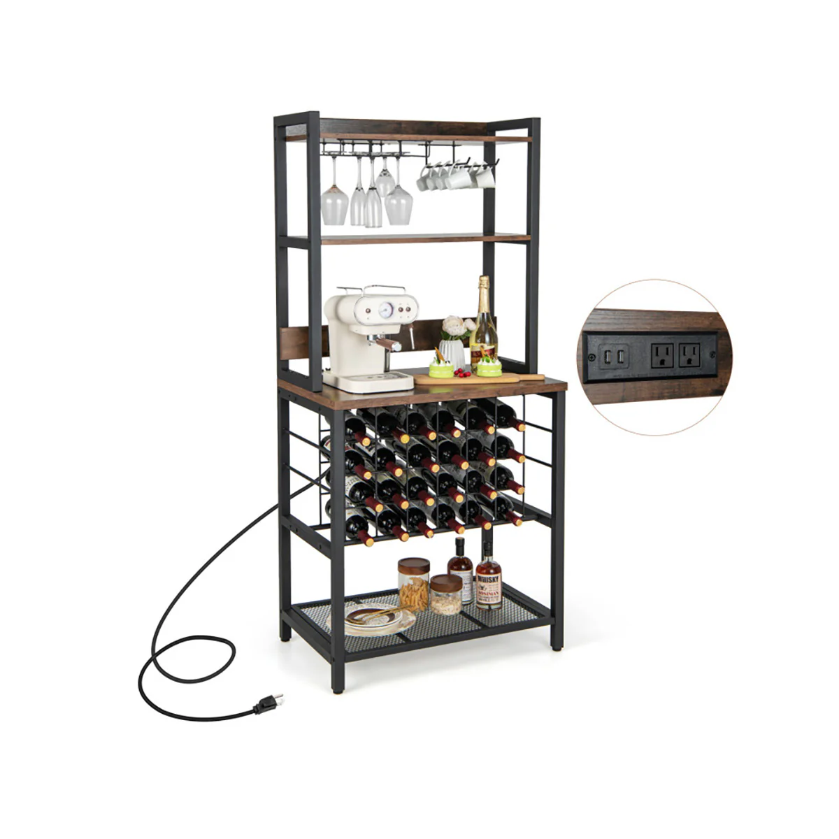 Wine Bar Cabinet with 4 Tier Storage Shelves and Glass Holders - Image 2